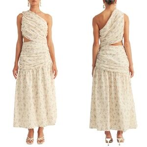 NEW AROSE STUDIO Cream FLORAL Soleil EYELET Cutout ONE SHOULDER Maxi DRESS S